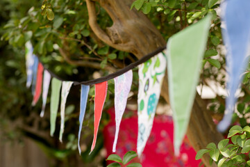 Bunting in the form of small traingular flags made of material hanging between trees in a suburban backyard