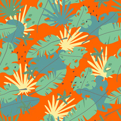 Naklejka premium Tropical seamless background. Large leaves on orange. Vector illustration in cartoon style. For printing, postcards, clothing, gift paper