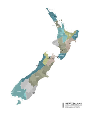 New Zealand higt detailed map with subdivisions. Administrative map of New Zealand with districts and cities name, colored by states and administrative districts. Vector illustration.