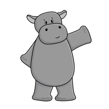 Cute cartoon gray hippo is waving his hand, stands on the ground