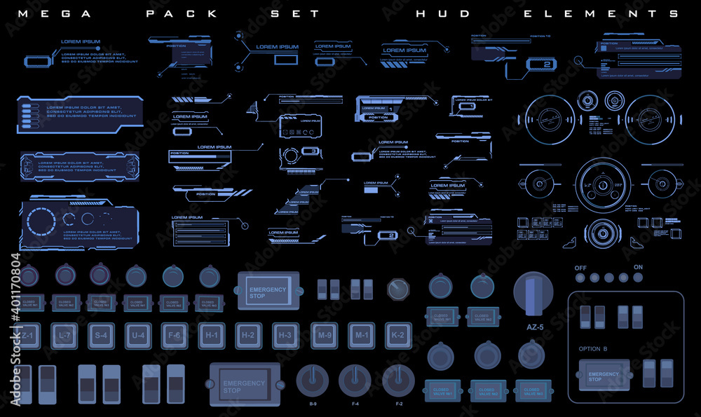Poster hud elements set. techno-frames, callouts, information blocks, elements of robotics. cyber ​​techno 