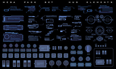 HUD elements set. Techno-frames, callouts, information blocks, elements of robotics. Cyber ​​techno frame for user interface. HUD button dashboard