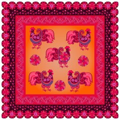 Tablecloth, napkin, pillowcase or carpet with patterned roosters in folk style and bright floral frame.