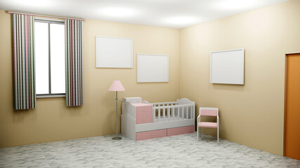 Mockup frame in baby room_interior, 3d render	