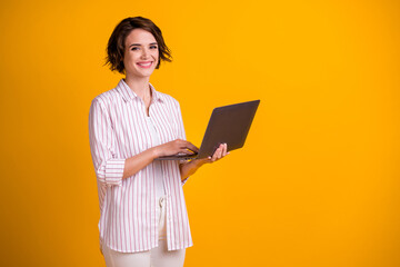 Photo of cute charming student girl hands laptop keyboard beaming smiling online connecting...
