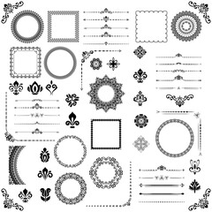 Vintage set of horizontal, square and round elements. Different black elements for backgrounds, frames and monograms. Classic patterns. Set of vintage patterns