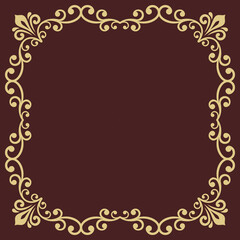 Classic square frame with arabesques and orient golden elements. Abstract ornament with place for text. Vintage pattern