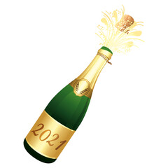 Festive Champagne bottle 2021 gold label. Vector illustration. Happy New Year or other celebration.