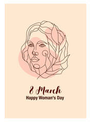Vector card with a woman's face and the inscription March 8, Happy Women's Day. The concept of female power and feminism. International Women's Day. Beautiful portrait of a girl