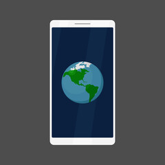 Earth symbol on smartphone screen. Vector illustration.