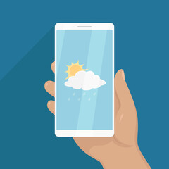 Hand hold smartphone with weather forecast. Vector illustration.
