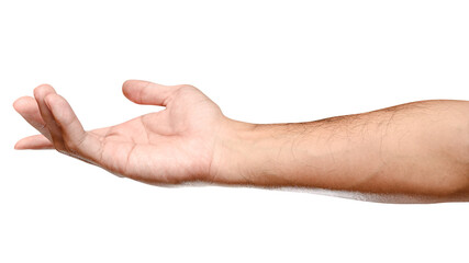 Male caucasian hand reach and ready to help or receive. Gesture isolated on white background.