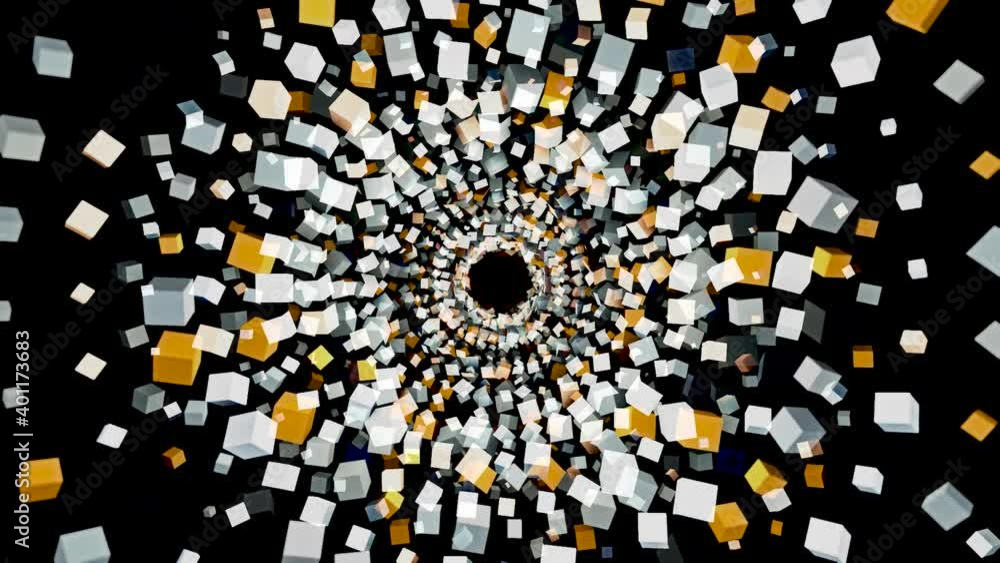 Poster moving forward through an abstract psychedelic tunnel of separated blocks. animation. colorful 3d cu