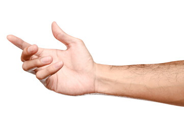 isolated of male caucasian hand holding something like a bottle or can.