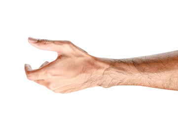 isolated of male caucasian hand holding something like a bottle or can.