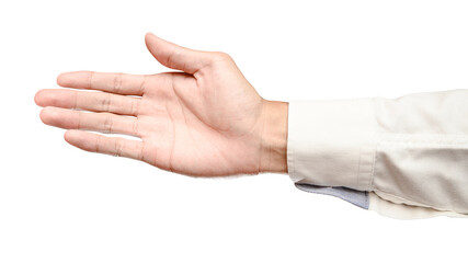 Business male caucasian hand reach and ready to shake or assistance. Gesture isolated on white background.