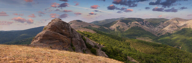 Panorama of Ay-Seres valley and Sudak-kamen (Sudak rock) in the mountains of Crimea