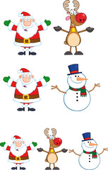Santa Claus, Reindeer, And Snowman Cartoon Characters. Vector Collection Set Isolated On White Background
