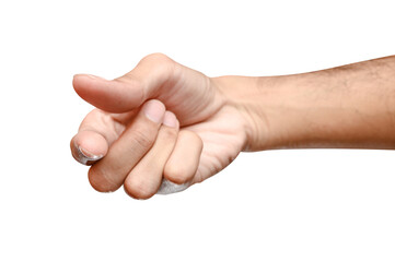 Male caucasian hand picking something  isolated on white background.