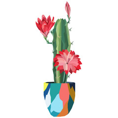 Low poly illustration of cactus tree with flower and colorful pot. Gradient, polygonal.