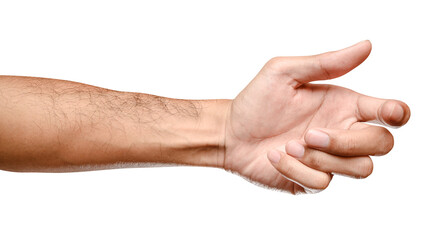 isolated of male caucasian hand holding something like a bottle or can.