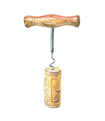 Corkscrew and cork.Picture of a alcoholic drink.Watercolor hand drawn illustration. - 401175242