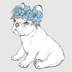 Cute french bulldog puppy in a flower wreath. Spring portrait of a dog. Stylish image for printing on any surface