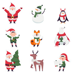 Cute Christmas Characters Collection. Funny Santa Claus, Snowman, Penguin, Fox, Elf, Polar Bear, Reindeer Cartoon Style Vector Illustration