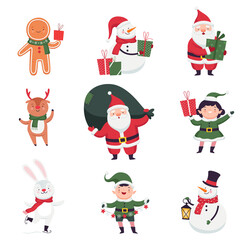 Cute Christmas Characters Collection. Funny Santa Claus, Gingerbread, Snowman, Fox, Elf, Rabbit, Reindeer Cartoon Style Vector Illustration
