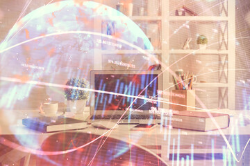 Double exposure of financial graph drawing and office interior background. Concept of stock market.