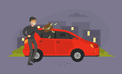 Male Burglars Stealing Handbag with Money from Car in the Street, Thief Committing Robbery, Criminal Scene Flat Vector Illustration