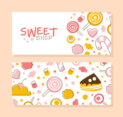 Sweet Shop Banner Templates Set, Banner, Tasty Desserts Menu, Candy Shop, Bakery Poster, Flyer, Brochure Design Vector Illustration