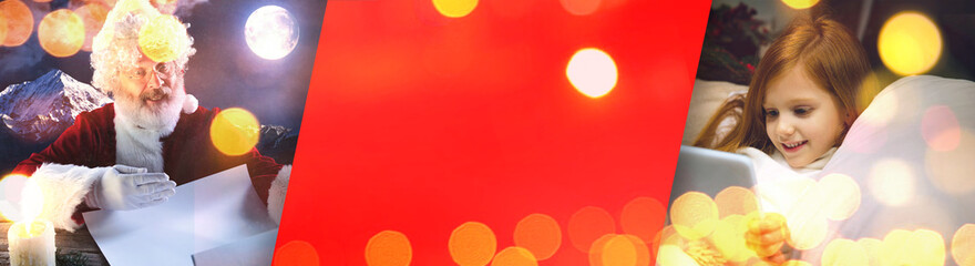 Bokeh. Happy caucasian little girl during video call with Santa Claus on the laptop's screen and home devices, looks dreamful. Celebration or ad flyer with copyspace. New 2021 Year meeting.