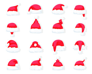 Set of Christmas Santa Claus hats isolated on white background. Christmas bright, red Santa Claus hats with fur and fur bubo. Vector illustration