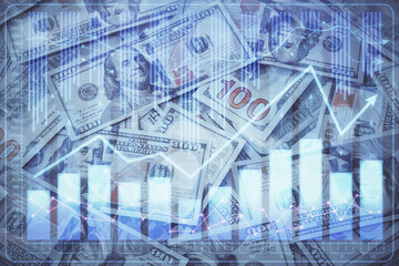 Double exposure of forex graph drawing over us dollars bill background. Concept of financial markets.