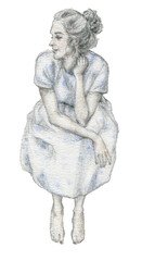 Fototapeta na wymiar Pencil sketch, illustration of girl in blue dress, drawn by hand in pale colors, isolated on a white background.