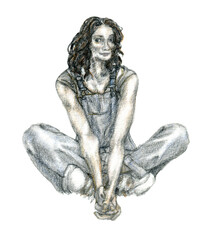 Fototapeta premium Pencil sketch, illustration of girl in blue dress, drawn by hand in pale colors, isolated on a white background.