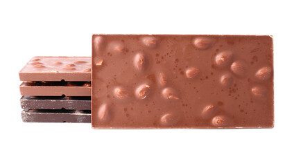 Chocolate bars with almonds close up on white isolated background with clipping path