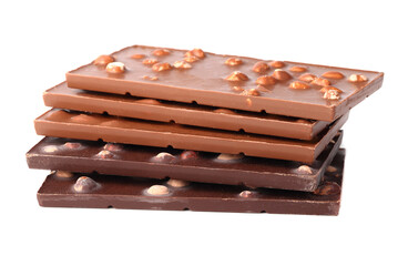 Chocolate bars with nuts close up on white isolated background with clipping path