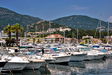Motorboats in the port of Cavalaire-sur-Mer, commune in the Var department in the Provence-Alpes-Côte d'Azur region in southeastern France.