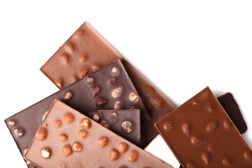 Chocolate bars with almonds and nuts close up on white isolated background with cut out flat lay