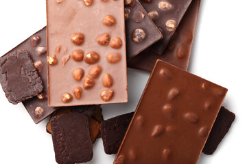 Chocolate bars with almonds and nuts close up on white isolated background with clipping path flat lay