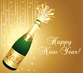 Gold greeting card 2021 Happy New Year with uncorked bottle of Champaign. Vector illustration.