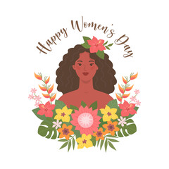 Happy Women's day greeting card. Vector illustration of a portrait of a young African American  woman with long brown hair in exotic flowers in  trendy flat style. Isolated on white