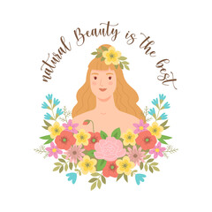 Natural beauty concept. Vector illustration of a portrait of a young woman with long blond hair in flowers in a trendy flat style. Isolated on white