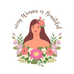 Every woman is beautiful. Vector illustration of a portrait of a young asian woman with long brown hair in flowers in a trendy flat style. Isolated on white