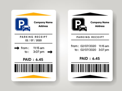 Parking receipt template. Check from parking meter mock up. Price for car stay. Entrance and exit ticket from vehicle stand. Vector illustration design.