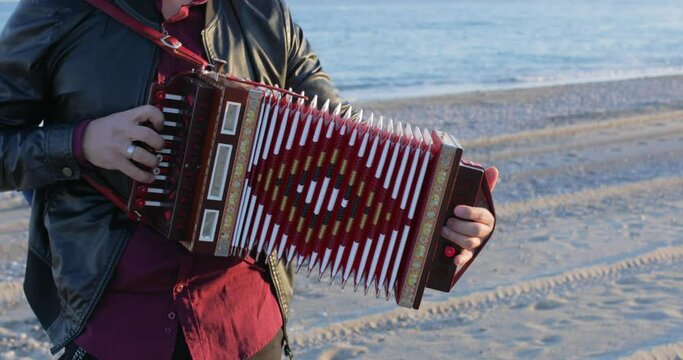 Ragazzo suona la tarantella calabrese con l'organetto musicale in riva al mare