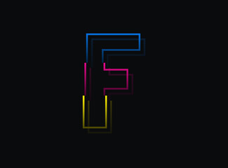 F letter font, vector desing logo.Dynamic, split-color, blue, pink, yellow on black background. Eps10 illustration
