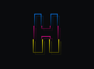 H letter font, vector desing logo.Dynamic, split-color, blue, pink, yellow on black background. Eps10 illustration
